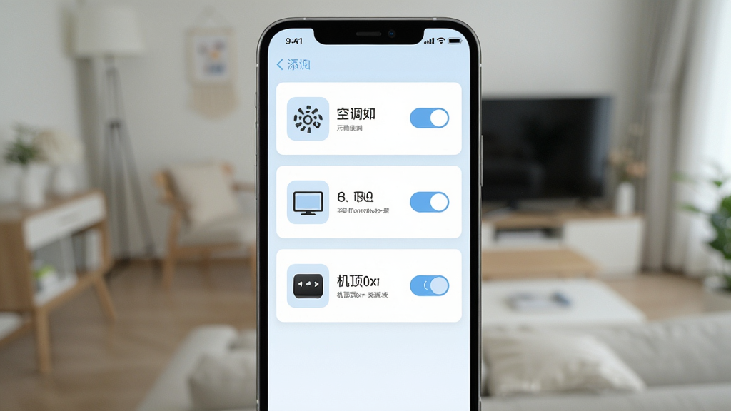���յ�ң�������豸�������棬����Ϊ�ֻ���Ļչʾ�����ӵĿյ������ӡ��������豸�б�������Ϊ����Ƭʽ���У��Ű����룬�������ǳɫ��ϸ�ڰ����豸ͼ�ꡢ���ơ��л���ť�������������ɾ����޶���Ԫ��