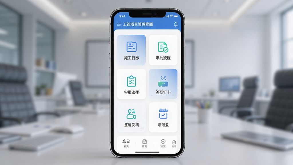 建云助手软件界面展示,主体为手机屏幕显示工程项目管理仪表盘,布局为居中展示手机正面,排版简洁清晰,风格为现代商务科技风,细节包含施工日志、审批流程、签到打卡等功能图标,画质高清,干净无多余元素