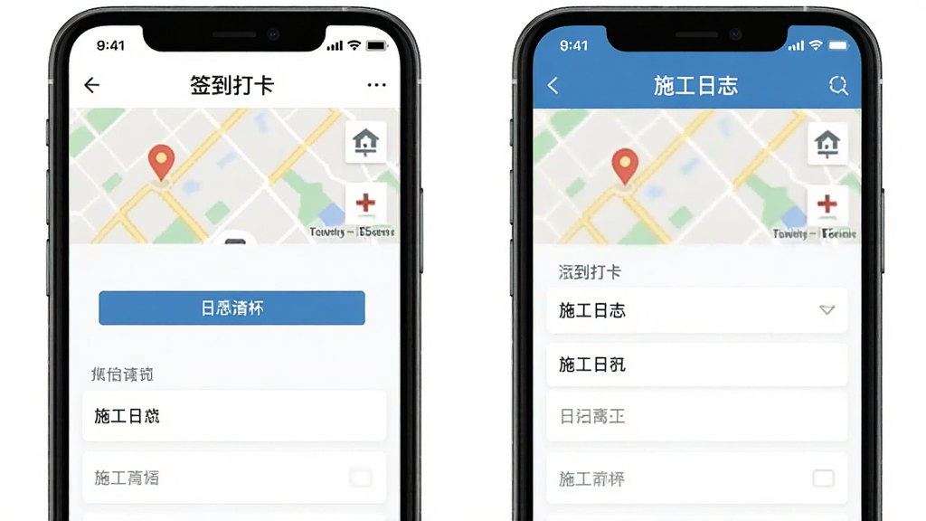 建云助手移动端操作界面截图,主体为手机展示签到打卡和施工日志页面,布局为两部手机并排展示不同功能界面,排版清晰有层次,风格为扁平化商务设计,细节包含地图定位标记、日志填写表单,画质高清,干净无多余元素