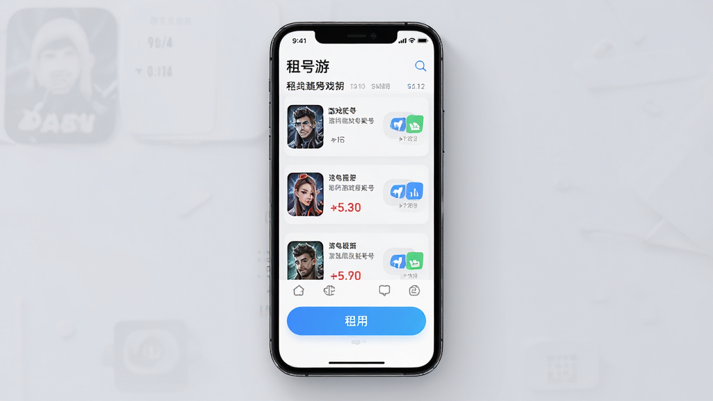手机屏幕展示租号游应用界面,主体为一部智能手机,布局为居中放置,排版为应用商店截图风格,风格为现代科技感,细节包括游戏账号列表、租用按钮和价格标签,画质高清,干净,无多余元素