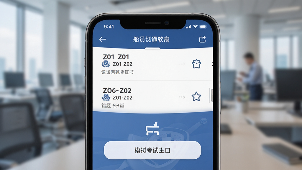 船员考试通软件界面展示,主体为手机屏幕显示题库列表和模拟考试入口,布局居中,排版清晰,风格简洁商务,细节包含Z01 Z02等证书名称和错题收藏图标,画质高清干净无多余元素