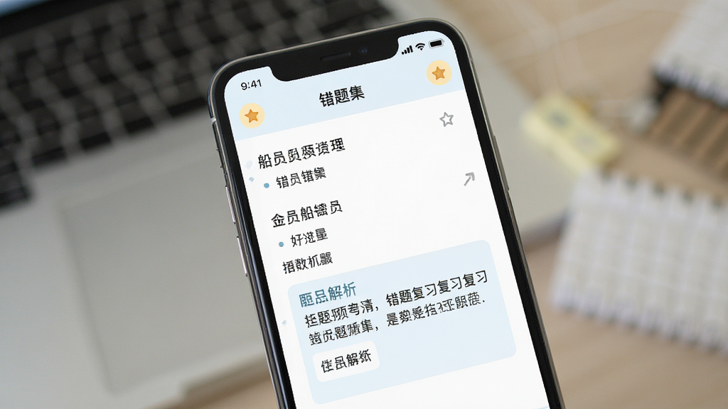 船员考试通错题复习功能展示,主体为手机屏幕显示错题集列表和题目解析,布局上下结构,排版整洁,风格清新浅色,细节包含星标收藏按钮和解析文字框,画质清晰干净无多余元素