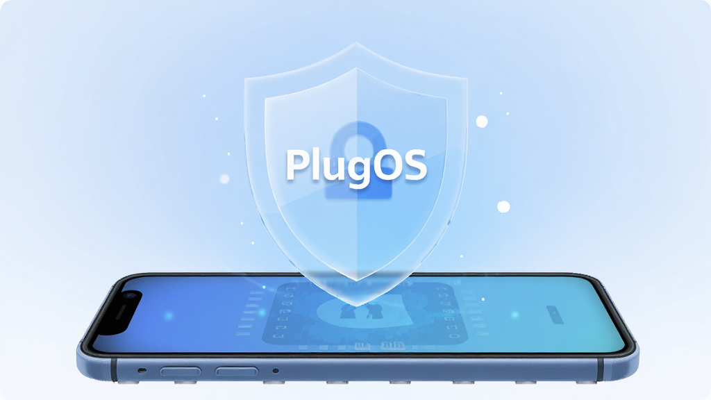 һ��͸������ͼ���������ֻ���PlugOSӲ���Ϸ��������м�д�š�PlugOS������������͵���ɫ���䣬����ͻ�����ƺ�Ӳ�����������ҶԳƣ��Ű��࣬���Ϊ��ƽ����ȫ����廭��ϸ����ϸ΢�������η��ţ����ʸ��壬�ɾ����޶���Ԫ��