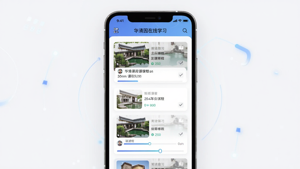 华清园在线学习界面,主体为手机屏幕显示直播课程列表,布局居中,排版简洁,风格现代教育科技风,细节包含课程卡片和进度条,画质清晰,干净,无多余元素