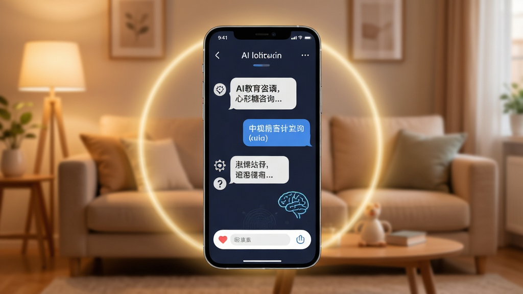 家长糖软件界面展示,画面中央是一部智能手机,屏幕显示AI教育咨询对话界面,背景是温馨的家庭客厅场景,布局为手机居中、周围环绕柔和光效,排版简洁现代,风格为温暖科技风,细节包括对话气泡、心理学图标和脑科学元素,画质高清,干净,无多余元素