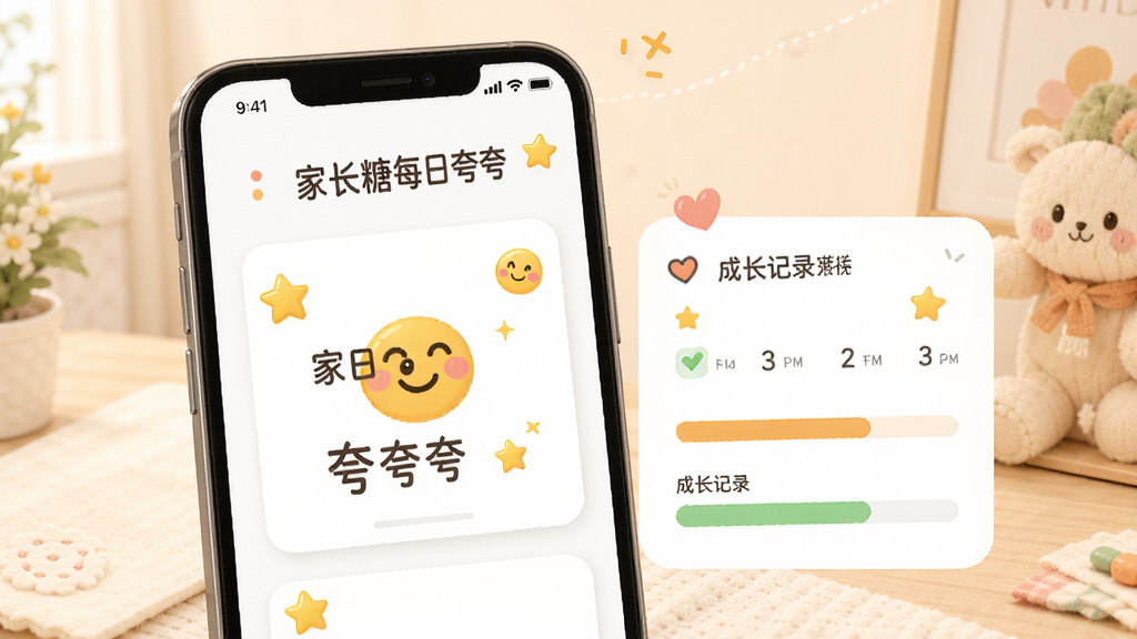 家长糖每日夸夸功能页面,画面主体为手机屏幕显示夸夸卡片和成长记录,布局为上下结构,排版清新活泼,风格为温馨治愈系,细节包括星星图标、笑脸表情和进度条,画质清晰,干净,无多余元素