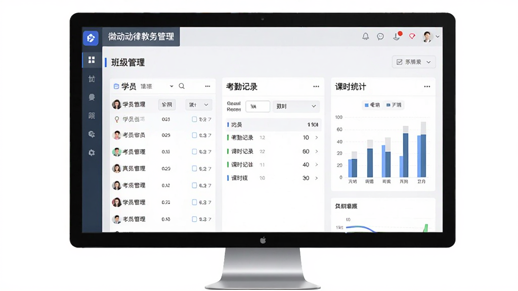 微动律教务管理后台界面,主体为平板或电脑屏幕展示班级管理面板,布局为横向分栏排版,风格商务简约,细节包含学员列表、考勤记录、课时统计图表,画质清晰干净无多余元素