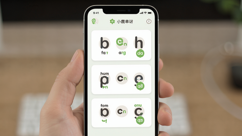 小鹿单词软件界面展示,主体为手机屏幕中显示自然拼读单词卡片,布局居中,排版简洁,风格清新扁平化,细节包括字母拆分和发音图标,画质清晰,干净,无多余元素