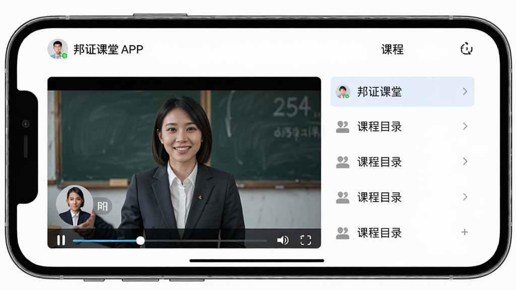 邦证课堂APP课程播放页面,主体为手机横屏显示视频课程,布局为左侧视频区域右侧课程列表,排版清晰,风格为简约教育类设计,细节包含进度条、讲师画面、课程目录,画质高清,干净,无多余元素