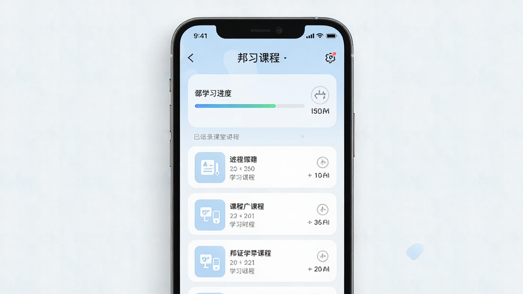 邦证课堂APP学习记录页面,主体为手机屏幕显示学习进度和已学课程,布局为纵向列表展示,排版整齐,风格为清新浅色教育风格,细节包含进度条、课程名称、学习时长,画质高清,干净,无多余元素