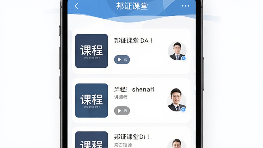 邦证课堂APP手机界面展示,主体为手机屏幕显示金融课程列表,布局为居中展示手机正视图,排版简洁,风格为现代扁平化设计,细节包含课程封面、播放按钮、讲师头像,画质高清,干净,无多余元素