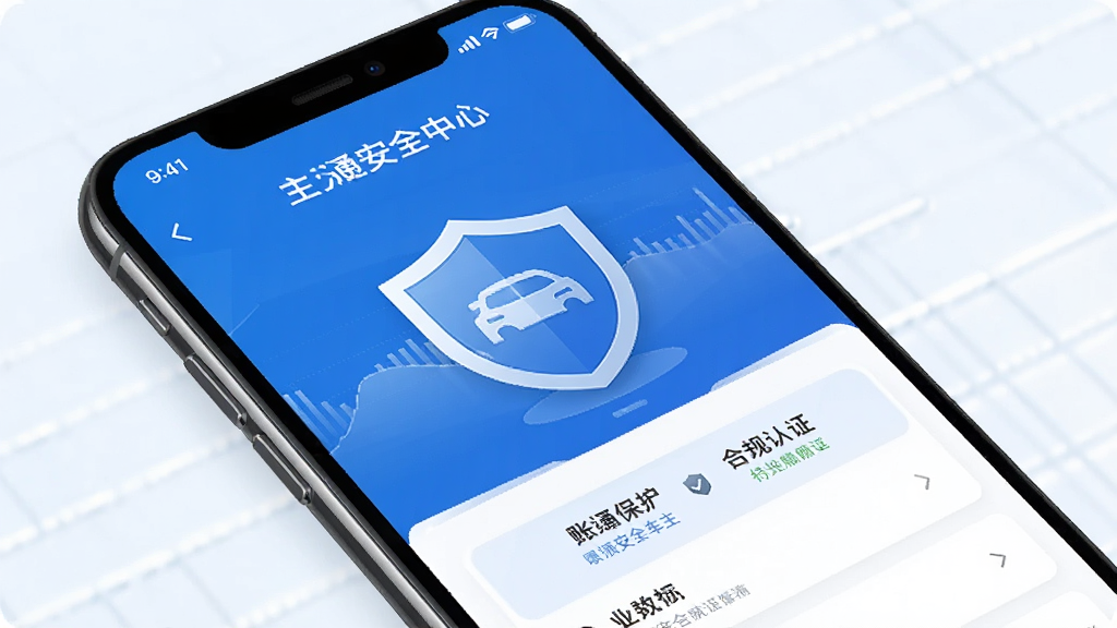 中交车主App安全中心页面,手机界面展示账号保护与合规认证标识,蓝色调商务风格,盾牌图标醒目,布局简洁,画质清晰,干净,无多余元素
