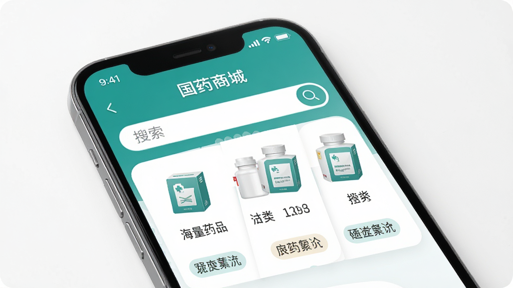 ��ҩ�̳�APP��ҳչʾ����ҩƷ�����������������Ϊ�ֻ���Ļ���棬�����������Ű����룬���������ϸ�ڰ���ҩ��ͼ��ͷ����ǩ�����ʸ��壬�ɾ����޶���Ԫ��