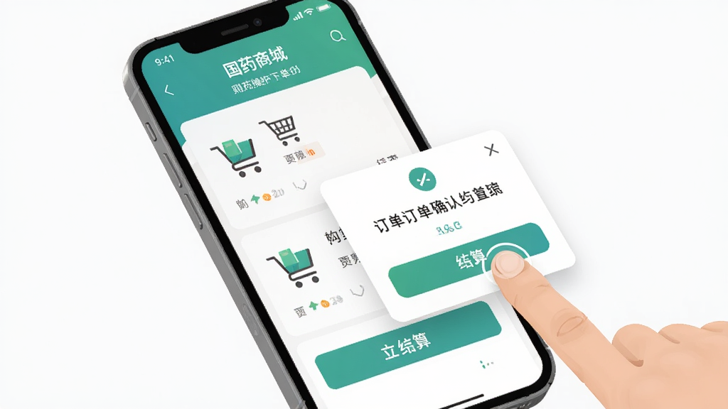 ��ҩ�̳�APP�µ��������棬����Ϊ�ֻ���Ļ��ʾ���ﳵ�ͽ��㰴ť������ֱ�ۣ��Ű��࣬����ִ���ƽ��ϸ�ڰ�����ָ��������Ͷ���ȷ�ϵ��������ʸ��壬�ɾ����޶���Ԫ��