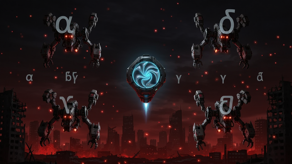 赛博末世夜晚,红潮翻涌的城市废墟上空,四支机械编队以αβγδ字母标识排列,主体为发光潮汐终端悬浮中央,布局四周环绕机械单位,排版中心对称,暗黑科幻风格,细节包括红潮粒子、机械关节发光、废墟楼宇剪影,画质高清干净,无多余元素