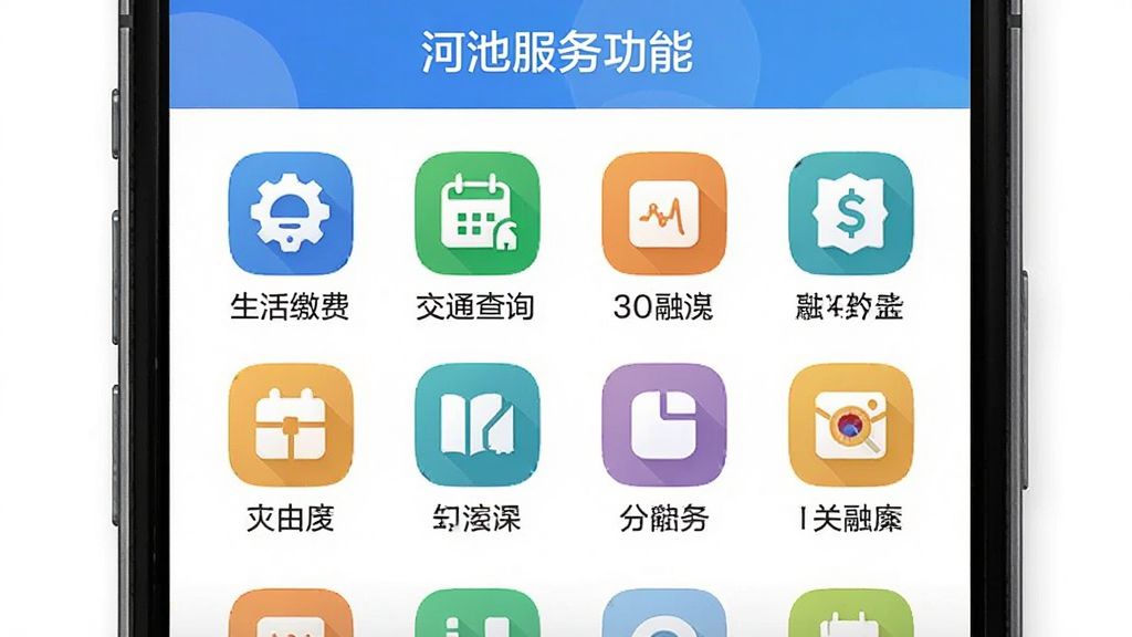 河池融媒APP便民服务功能页面,主体为手机界面中展示生活缴费、交通查询等图标入口,布局为宫格排列,排版整齐,风格为清新生活服务类应用,细节包含彩色图标与文字标签,画质清晰,干净,无多余元素