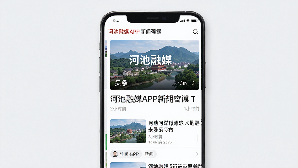 河池融媒APP新闻资讯界面展示,主体为手机屏幕中呈现河池本地新闻列表,布局为竖版手机UI,排版清晰分栏,风格为现代简洁新闻类应用,细节包含头条大图、标题文字与时间戳,画质高清,干净,无多余元素