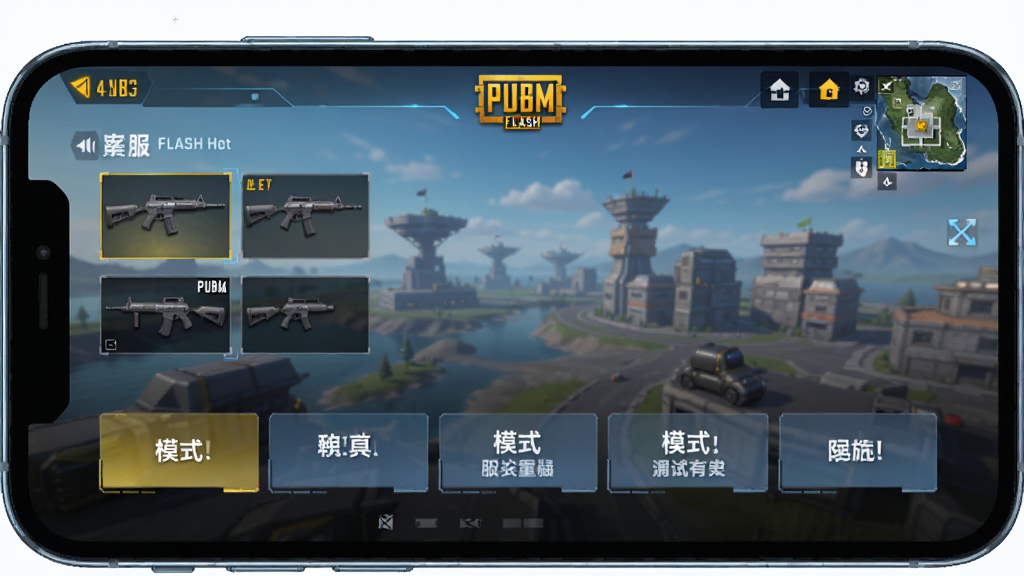 PUBGM FLASH��װ����������չʾ������Ϊ�ֻ���Ļ����ʾ��������������������Է���Ϸ����������Ϊ���й�ͼ���Ű������������Ϊ�Ƽ�����Ϸ���棬ϸ�ڰ���ǹеͼ�ꡢ��ͼ����ͼ��ģʽѡ��ť�����ʸ��壬�ɾ����޶���Ԫ��