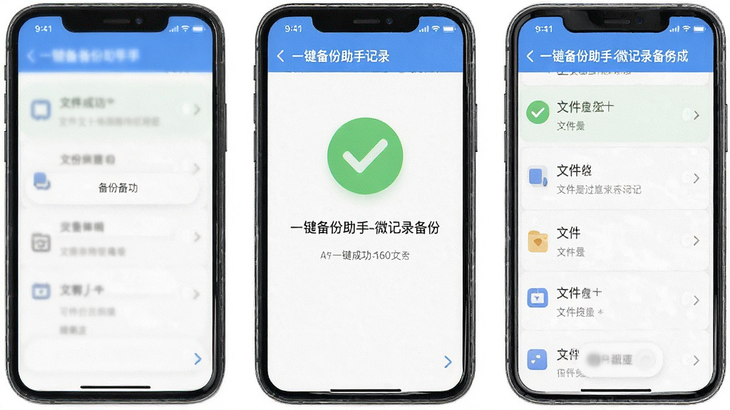 聊天一键备份助手-微记录备份完成界面,展示备份成功提示与文件列表,绿色对勾图标,简洁明了的移动端设计,高清画质