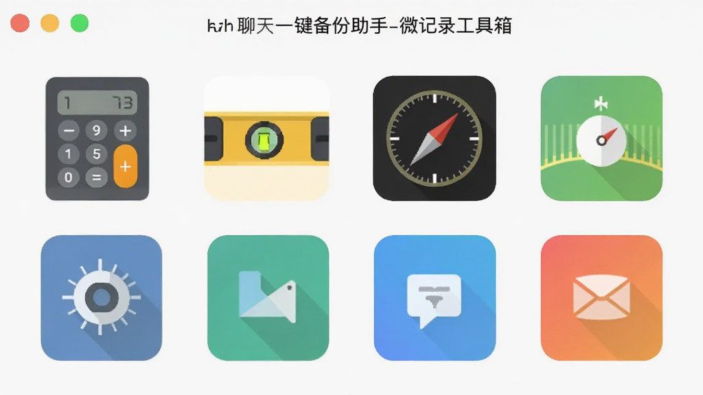 聊天一键备份助手-微记录工具箱界面,展示计算器、水平仪、指南针等多个工具图标,扁平化设计风格,浅色背景,高清画质,布局整齐