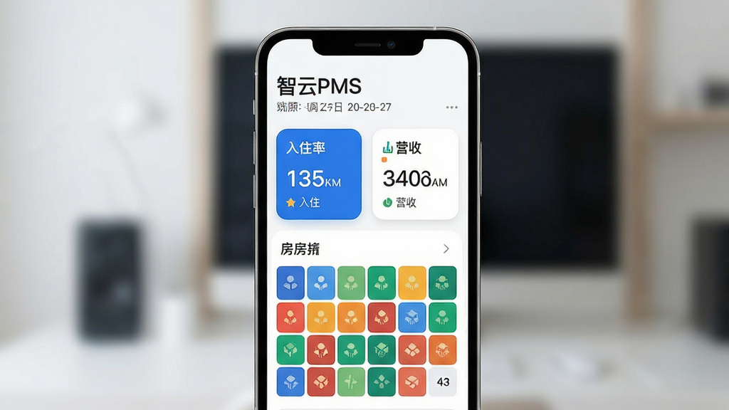 ����PMS��������չʾ������Ϊ�ֻ���Ļ��ʾ�Ƶ꾭Ӫ���ݿ��壬����Ϊ�����ֻ�������У��Ű��Ϸ�Ϊ�Ƶ����������ڣ��м�Ϊ��ס�ʡ�Ӫ�����ֿ�Ƭ���·�Ϊ��ɫ��̬����ͼ�����Ϊ�ִ���Լ����磬ϸ�ڰ�����ɫ��ɫ������ɫ������Բ�ǿ�Ƭ���������֣����ʸ��壬�ɾ����޶���Ԫ��