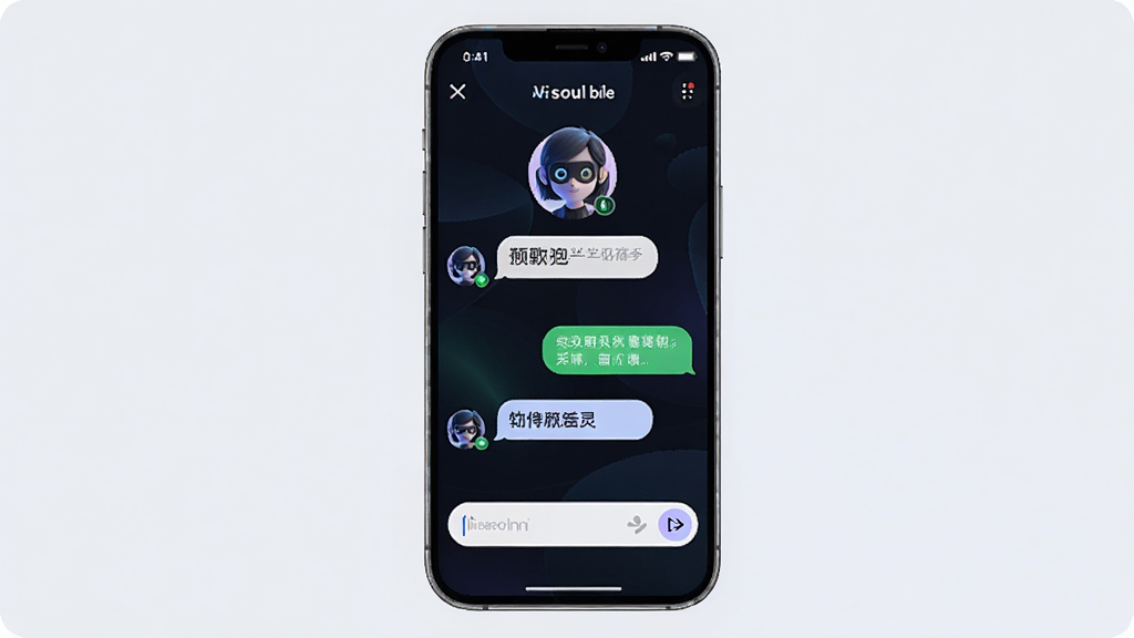 Vsoul微灵软件界面展示,主体为手机屏幕中AI虚拟角色对话窗口,布局为居中展示,排版简洁清晰,风格为科技感UI设计,细节包含角色头像、聊天气泡、输入框,画质高清,干净,无多余元素