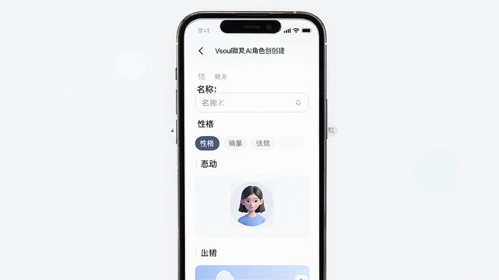 Vsoul微灵AI角色创建界面,主体为手机屏幕中角色编辑页面,布局为表单式排列,排版清晰有序,风格为现代简约UI,细节包含名称输入框、性格标签选择、头像上传区域,画质高清,干净,无多余元素