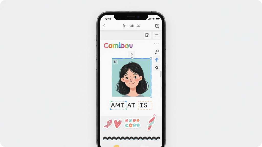 Combos头像编辑软件界面展示,主体为手机屏幕中打开的自由画布编辑页面,布局居中,排版清晰,风格为清新简约的UI设计,细节包含头像图层、文字框与装饰贴纸,画质高清,干净,无多余元素