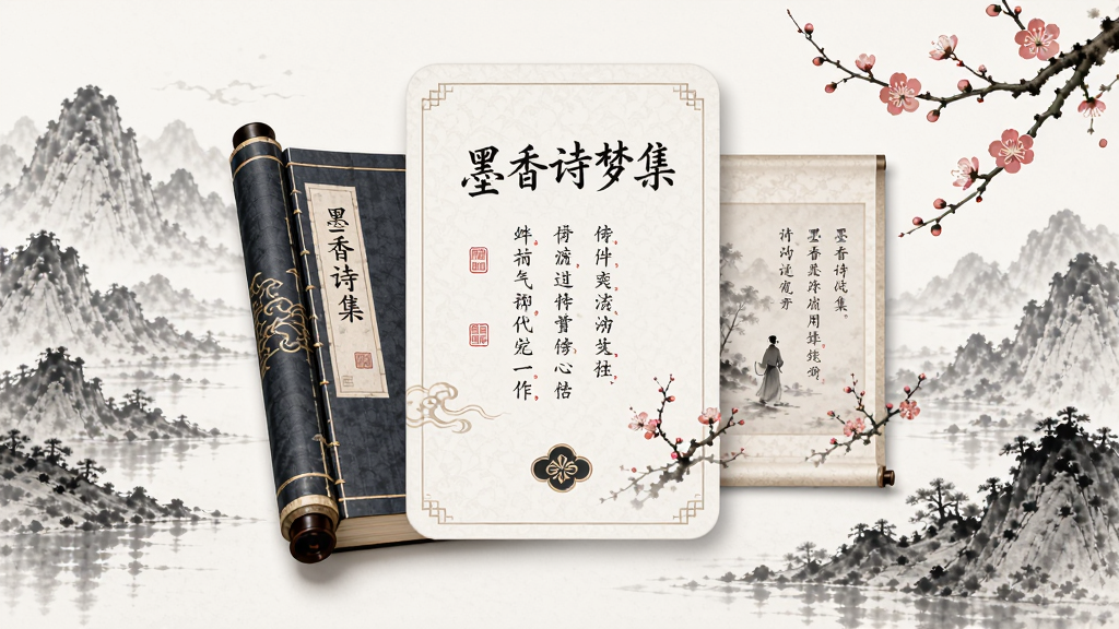 ī��ʫ�μ�Ӧ�ý���չʾ������Ϊ�ŷ��鼮��ˮīɽˮ���������ֲ��þ��п�Ƭʽ��ƣ��Ű���󷽣����Ϊ�ŵ������й��磬ϸ�ڰ���ʫ�����֡�����Ԫ�ء�÷����׺�����ʸ��壬�ɾ��޶���Ԫ��