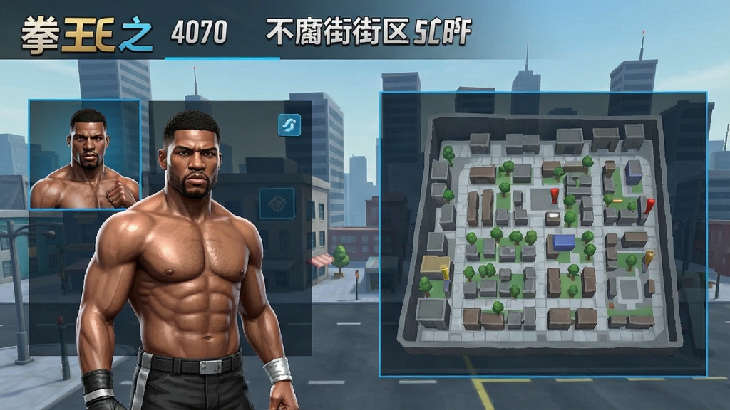 拳王之我的街区游戏主界面截图,展示角色选择和街区地图,现代都市风格,干净清晰