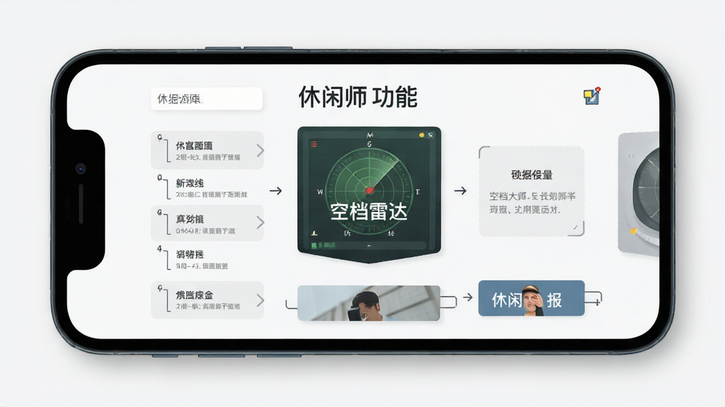 休闲大师 空档雷达 功能界面 展示 手机屏幕 布局 排版 扁平化风格 细节清晰 画质干净 无多余元素