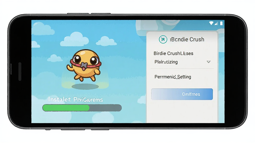 萌幻飞球Birdie Crush安装器操作界面示意图,手机屏幕显示安装进度条与权限设置页面,简洁清晰,安卓风格UI,画质干净无多余元素