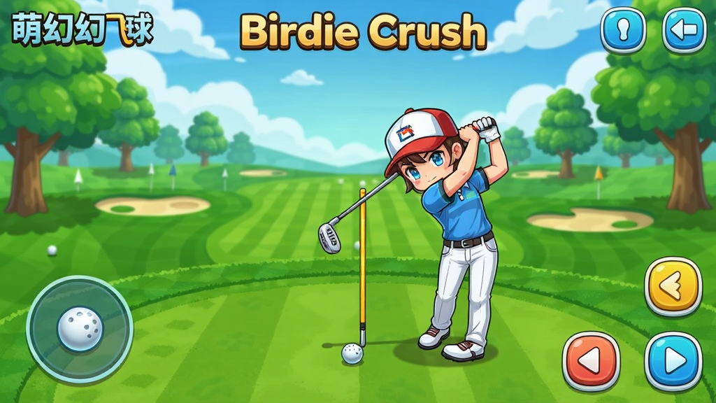 萌幻飞球Birdie Crush游戏界面截图,二次元风格高尔夫球场,角色挥杆动作,球道与果岭清晰可见,UI按钮布局合理,色彩明亮,画质清晰干净无多余元素