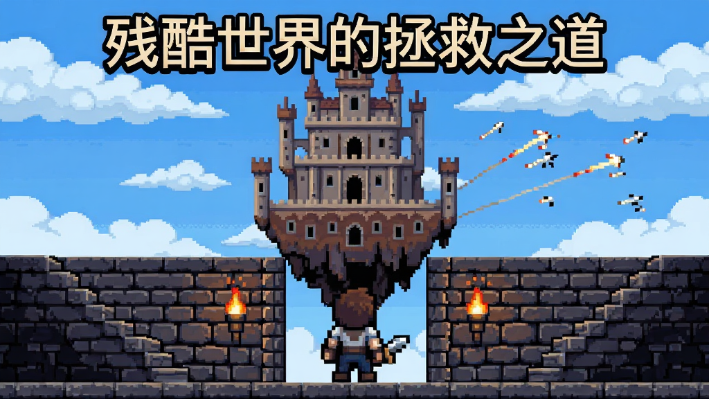 游戏名称残酷世界的拯救之道,主体为像素风格天空城地牢入口,布局中央为角色背影面向多层浮空城堡,排版上下结构上方标题下方场景,风格为复古像素RPG,细节包含飘浮云层、石砖台阶、火把光芒、远处弹幕轨迹,画质清晰干净无多余元素