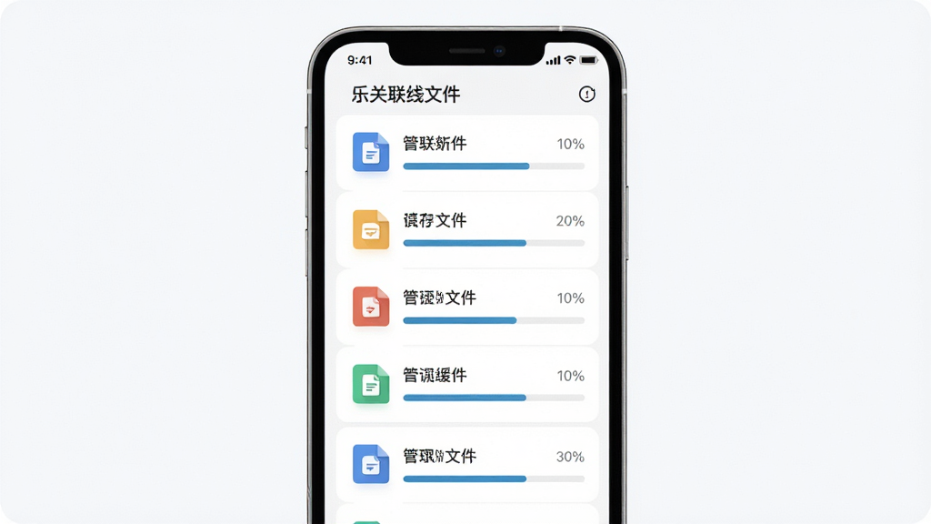 乐关联离线缓存功能示意图,主体为手机屏幕显示已缓存文件列表,布局为纵向列表排版,风格清新简约,细节包含文件图标和缓存进度,画质高清干净无杂乱元素