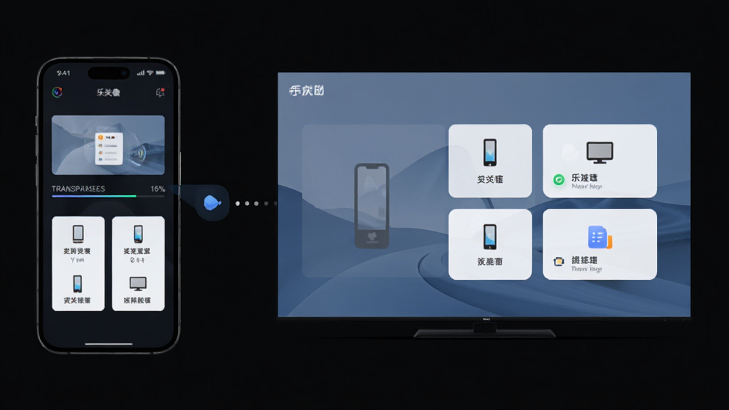 乐关联软件界面展示,主体为手机与电视通过局域网连接投屏,布局为左侧手机右侧电视,排版简洁居中,风格现代科技感,细节包含传输进度条和设备卡片,画质清晰干净无多余元素