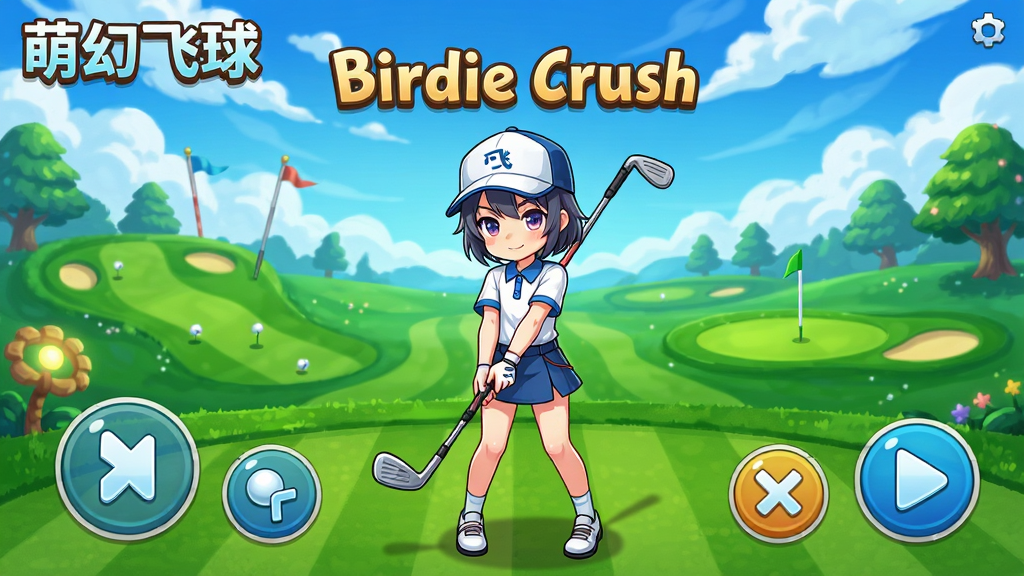 萌幻飞球Birdie Crush游戏主界面截图,二次元角色手持高尔夫球杆站在奇幻球场上,画面明亮清新,布局居中展示游戏操作按钮,风格为日系动漫风,细节包括球道、果岭、蓝天白云,画质高清,干净无多余元素