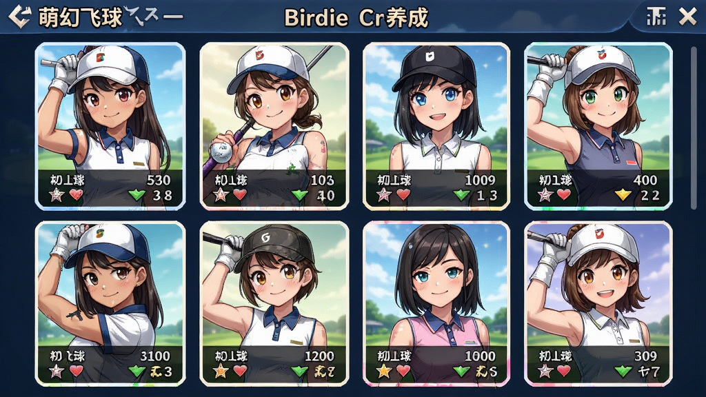 萌幻飞球Birdie Crush角色养成界面,展示多位二次元女性高尔夫球手立绘,布局为卡片式排列,风格为日系动漫风格,细节包括角色服装、表情、属性数值,画质高清,干净整洁