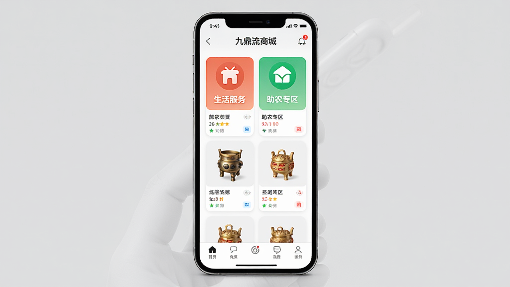 �Ŷ����̳�APP��ҳ���棬����Ϊ�ֻ���Ļչʾ����������չʾ�̳ǡ����������ũר����ͼ�꣬�Ű����������ƣ�����ִ���࣬ϸ�ڰ�����Ʒ��Ƭ��ײ������������ʸ��壬�ɾ����޶���Ԫ��