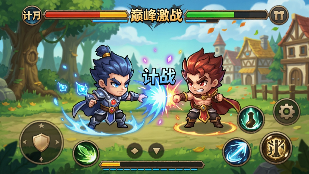 巅峰激战游戏主界面,主体为横版格斗场景,中央两名Q版魔幻角色正在释放连击技能,布局采用上下分层上方显示连击计数与血条下方为技能按钮区,排版紧凑适合手机屏幕,风格为手绘魔幻卡通,细节包括角色特效粒子、连击数字跳动、背景五季之林城镇,画质高清干净无多余元素,画面中文字“巅峰激战”