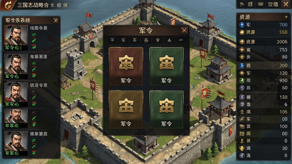 三国志战略版台服游戏界面,主体为繁体中文三国战场沙盘地图,布局中央展示军令系统面板与四类军令图标,排版左侧为武将阵容右侧为资源数据,风格为写实策略游戏UI,细节包含石塔医馆岗楼等沙盘建筑,画质高清干净无多余元素