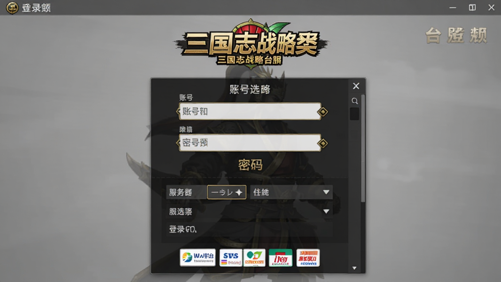 三国志战略版台服登录界面,主体为繁体中文游戏登录窗口,布局中央显示账号密码输入框,排版上方为游戏Logo下方为服务器选择列表,风格为简洁策略游戏UI,细节包含台湾地区支付方式图标,画质高清干净无多余元素