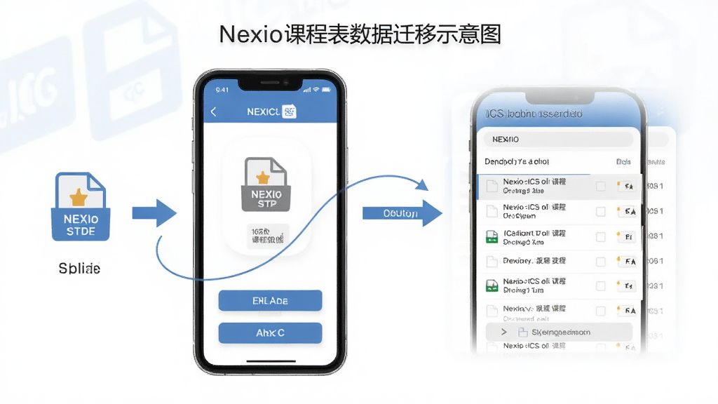 Nexio�γ̱�����Ǩ��ʾ��ͼ������Ϊ�ֻ���Ļ��ʾICS�ļ������뵼����棬����չʾ�ļ���ʽͼ���������ť���Ű��������ˣ�����Լ����ϸ�ڰ�����ͷָʾǨ�����̡��γ������б������ʸ���ɾ��޶���Ԫ��