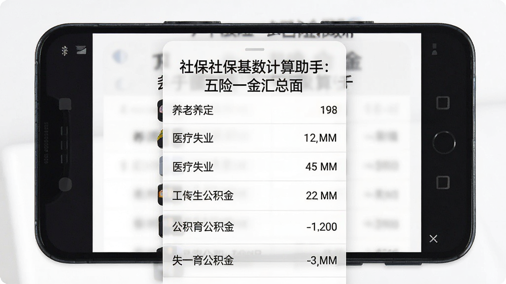 手机屏幕显示社保基数计算助手五险一金汇总面板,主体为一部安卓手机,布局居中,排版为上下结构上方标题下方数据列表,风格简约商务,细节包含养老医疗失业工伤生育公积金六行数据,画质清晰干净无多余元素