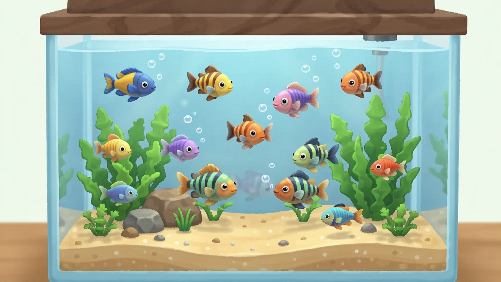 Tiny Aquarium ��Ϸ���棬һ����ܰ��������ף������и�����ɫ���޵�С�����ζ�����׵ײ���ɳ�Ӻ�ˮ�ݣ����־��У�����������£�ϸ�ڷḻ�������������ɾ����޶���Ԫ��