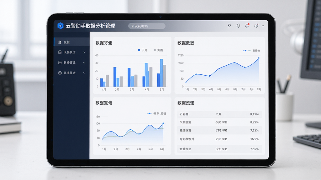 云警助手数据分析管理界面,主体为平板电脑展示数据报表,布局为左右分栏,排版整齐,风格为现代简约,细节包括柱状图、折线图、数据列表,画质高清,干净,无多余元素