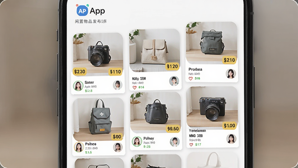 我城App闲置物品发布页面,主体为手机屏幕显示二手物品列表,布局为网格状,排版整洁,风格清新生活化,细节包含物品图片、价格标签、用户头像,画质清晰,干净,无多余元素