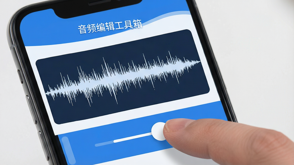手机屏幕显示音频波形图,手指拖拽滑块进行裁剪,界面干净整洁,蓝白配色,软件名称“音频编辑工具箱”显示在顶部,画质清晰,无多余元素