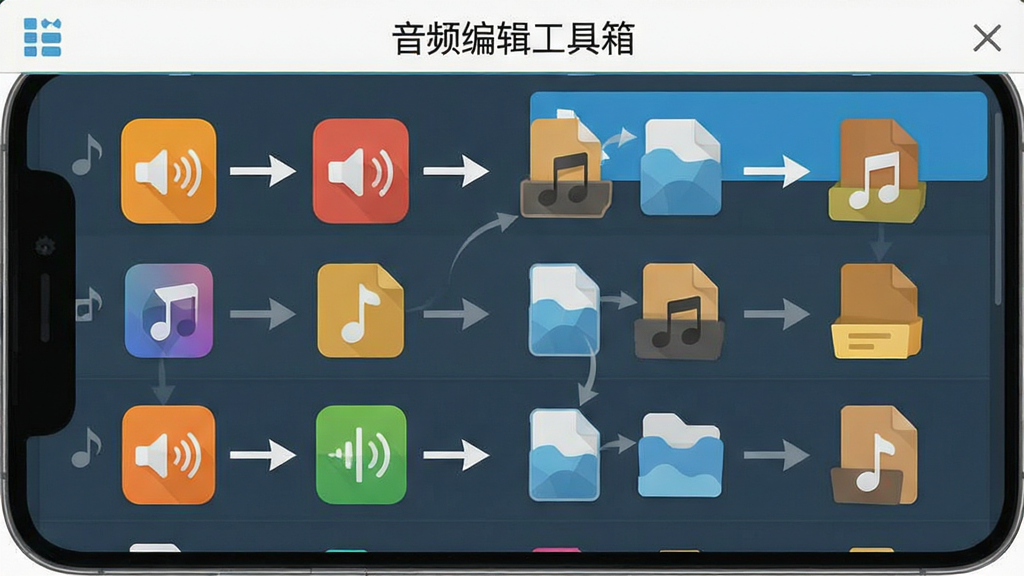 手机界面展示多个音频格式图标相互转换的箭头,文件列表清晰排列,软件名称“音频编辑工具箱”在标题栏,扁平化设计风格,画面明亮,无杂乱元素