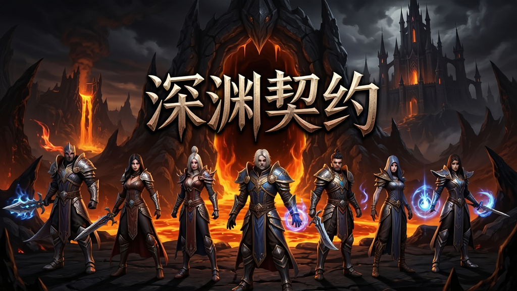 深渊契约游戏主界面,多位职业角色站立在深渊入口前,背景是暗黑风格的熔岩与城堡,画面中央有“深渊契约”艺术字标题,布局为横版游戏宣传图,风格为暗黑魔幻3D渲染,细节包含角色盔甲纹理与技能光效,画质高清,干净,无多余元素